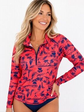 Trunks Surf & Swim Coral Pink Tropical Print Long Sleeve 50 SPF Guard Women's XL
